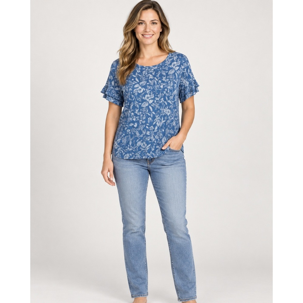 Jane & Delancey Blue Floral Cotton Tee Medium Relaxed Short Sleeve Top